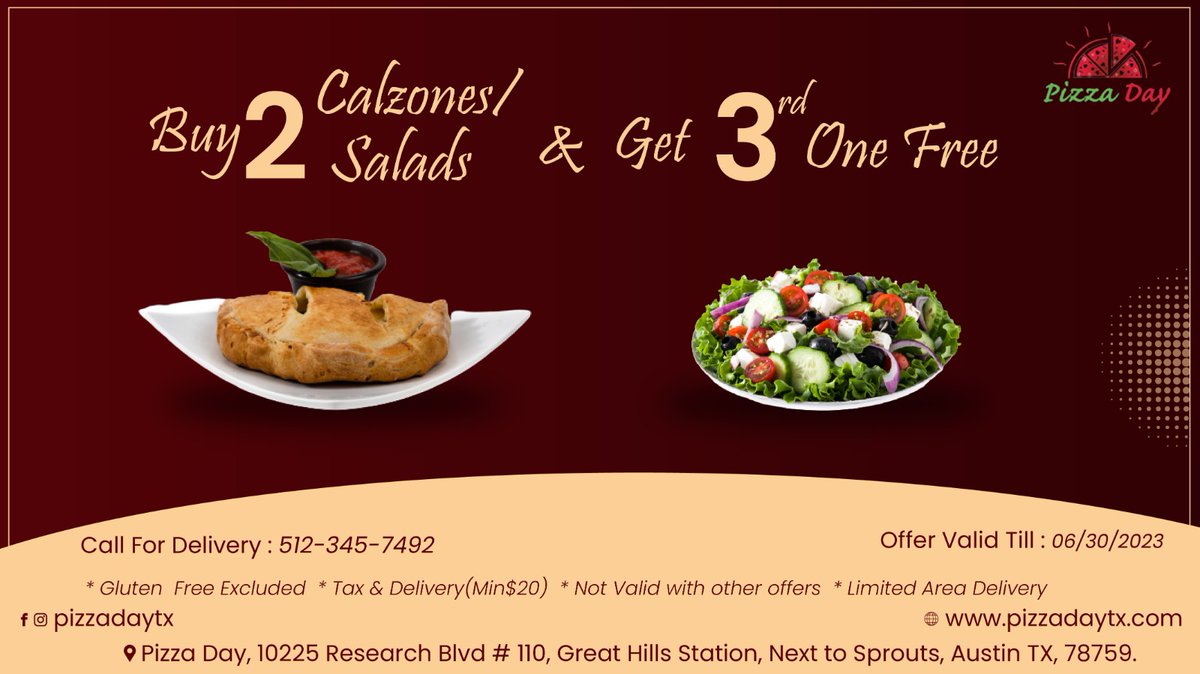 PizzaDayTx's tweet photo. Triple the Deliciousness!!
#pizzadaytx #salad #keepaustineatin #pizza #healthysalads #calzones #austin #offers #organicfood #ordertoday #foodblogger #texas #delivery #restaurant #austintxfoods #deliciouspizza #pizzalover #indianpizza #atxfooddelivery #vegetablesalads #saladlovers https://t.co/omWEQl86HT