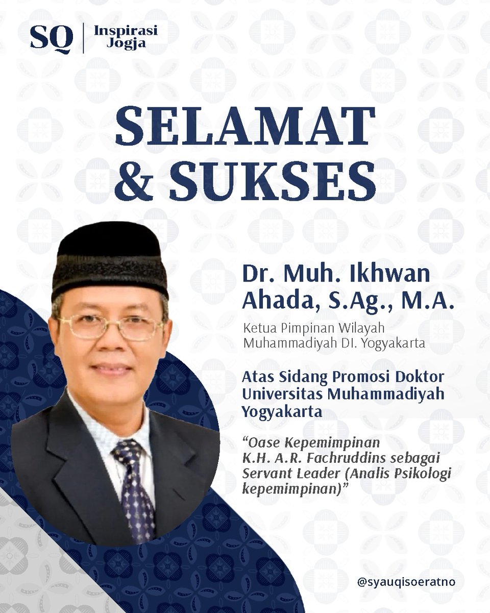 Selamat &amp; Sukses Promosi Doktor Ketua <a href="/pwmdiy/">pwmdiy</a> Bapak Dr. Muh. Ikhwan Ahada, S.Ag., M.A.

Penelitian Pak Ikhwan tentang Pak AR sangat mendalam dan menarik sebagai teladan kepemimpinan bagi kita semua