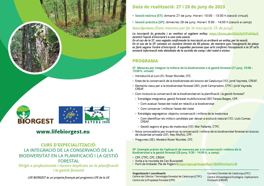 ctforestal's tweet photo. Curs d’especialització @LifeBiorgest: la integració de la conservació de la #biodiversitat en la planificació i la #gestió forestal 🌲🦉
👉Dirigit a professionals implicats en la planificació i la gestió forestal
📅27 i 28 de juny de 2023
📝Inscripcions: https://t.co/LMCBXeQHXS https://t.co/Uk45lXo3Eu