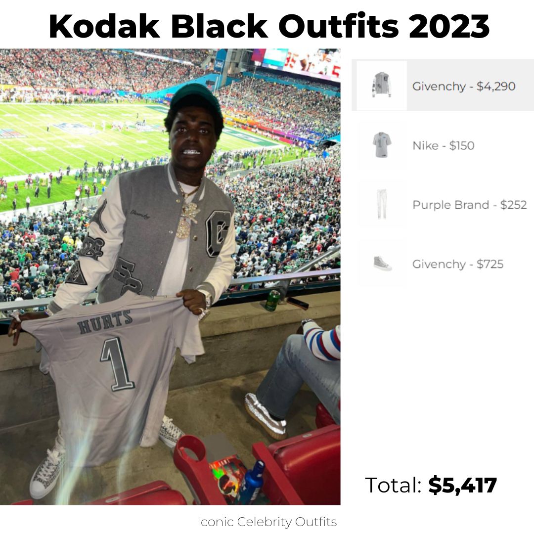 IconicCelebrityOutfits on X: Dress like Kodak Black in the Givenchy  Leather Varsity Jacket with Purple Brand Coated-finish Detail Jeans 👉   Brands: #Givenchy #Nike #PurpleBrand Items: #jacket  #jersey #jeans #sneakers