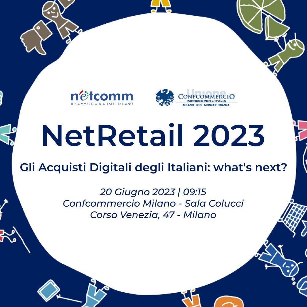ConsNetcomm's tweet photo. Come e cosa comprano online gli italiani? Qual è il livello di integrazione tra canale fisico e digitale?
Scoprilo partecipando al workshop sulla ricerca Netcomm NetRetail
📅 Mar 20 Giu 🕑 09:15📍 Confcommercio Milano
👇 Registrati ora  https://t.co/9hUFbHznHc
#ConsorzioNetcomm https://t.co/vLXp5t86fx