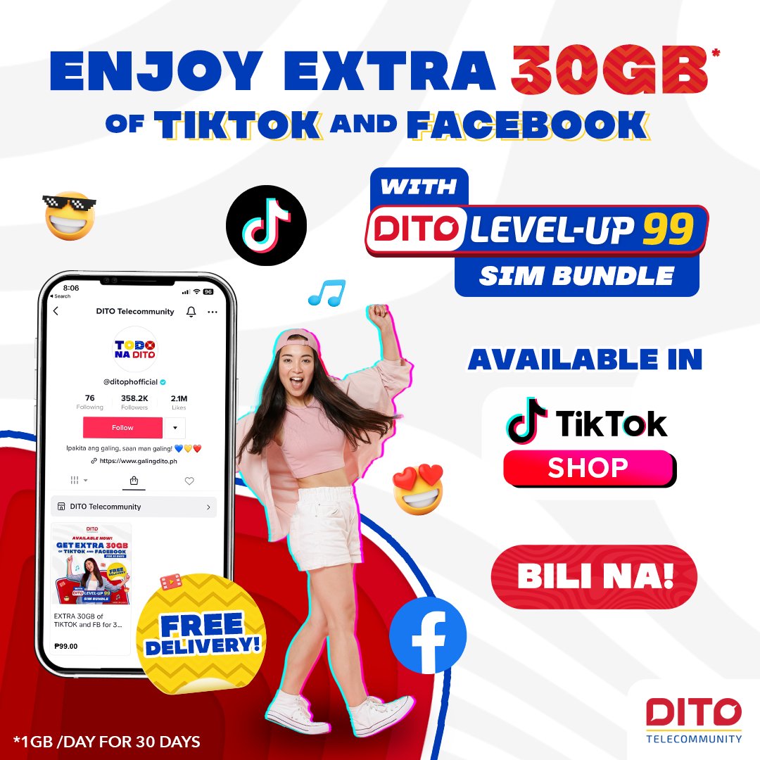 DITOphofficial's tweet image. Hindi ka na mabibitin sa TikTok or Facebook mo! Visit our TikTok Shop bit.ly/3P38kPM 

Get a DITO Level-Up 99 SIM bundle with 1GB data for TikTok and Facebook for 30 days, plus 7GB all-access data and all-net calls &amp;amp; texts!  ​

#TodoNaDITO #DITOTikTokShop #DITOph