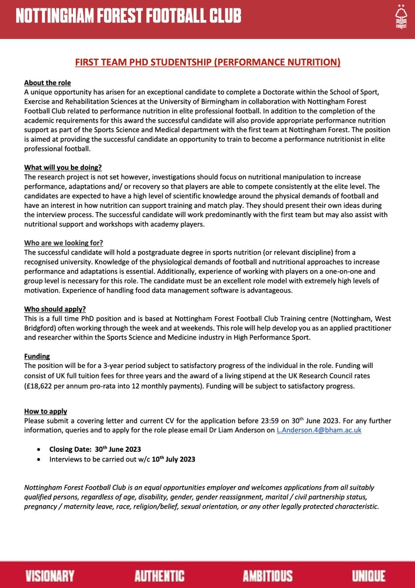 Liam Anderson (@liam_anderson5) on Twitter photo Performance nutritionists!
Are you interested in a development opportunity working in a Premier League club whilst studying for a PhD?
We now have another applied PhD position opportunity in collaboration between <a href="/UBSportExR/">UBSportExR</a> and <a href="/NFFC/">Nottingham Forest</a> 1st team with myself & <a href="/gareth_wallis/">Gareth Wallis</a>
👇 Performance nutritionists!
Are you interested in a development opportunity working in a Premier League club whilst studying for a PhD?
We now have another applied PhD position opportunity in collaboration between <a href="/UBSportExR/">UBSportExR</a> and <a href="/NFFC/">Nottingham Forest</a> 1st team with myself & <a href="/gareth_wallis/">Gareth Wallis</a>
👇