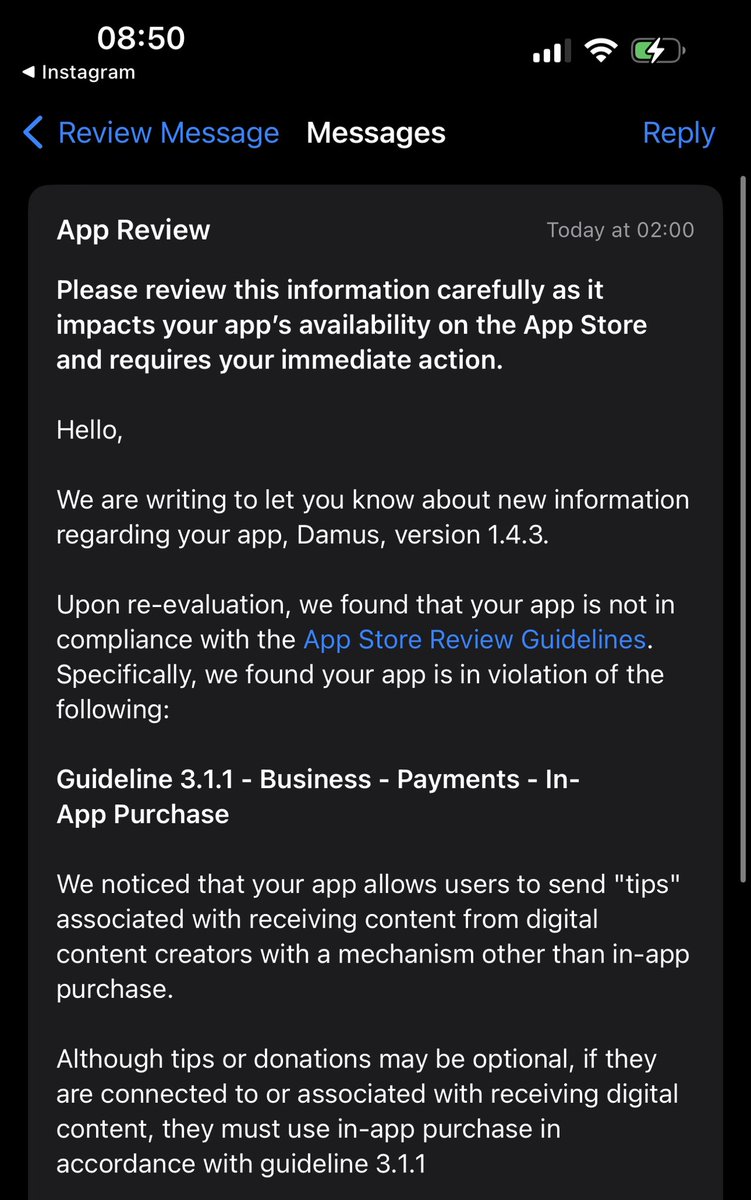 damusapp's tweet image. Damus will be removed from the app store in 14 days, apple says zaps are not allowed on their platform because they *could* be used by content creators to sell digital content. This is right before we’re about to give our talk at the oslo freedom forum on how decentralized social…