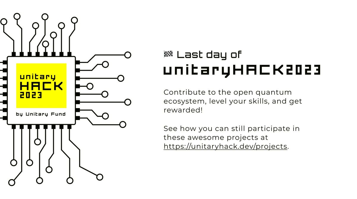 unitaryfdn's tweet photo. โฐ Time is running up!
๐ Today is the last day of submissions for #unitaryHACK.
See how you still can contribute to the quantum ecosystem at https://t.co/nlDbzHNGUA.
Happy hacking! https://t.co/3RYlx1Sqcl