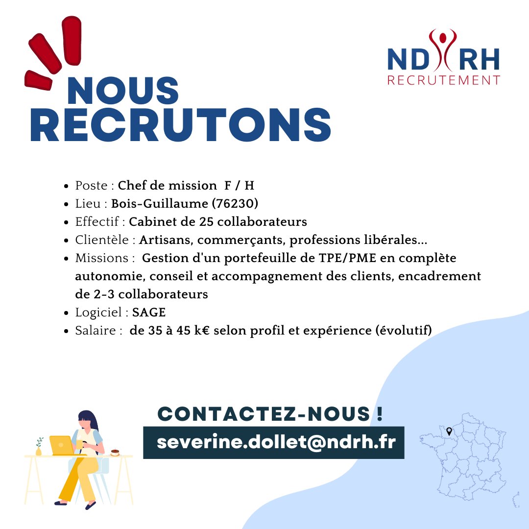 N'hésitez pas à nous contacter par mail ou MP pour en savoir plus sur cette opportunité !
contact@ndrh.fr 
#DCG #DSCG #DEC #comptabilité #expertisecomptable #comptable #NDRH #NDRHrecrute