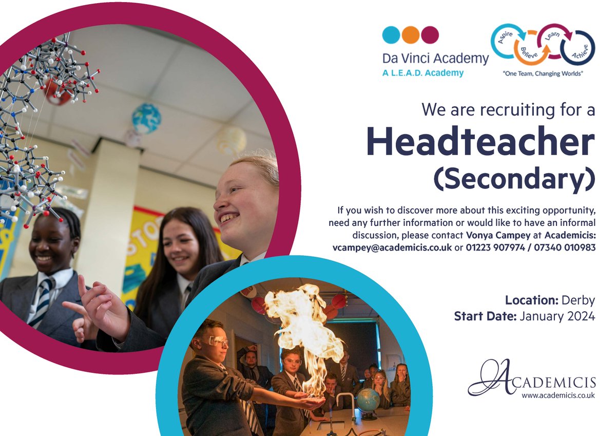 📣 We are recruiting for a Headteacher; for more information or to apply, please call Vonya Campey on 01223 907979 or visit ow.ly/K1zg50OCQSv

#Academicis #Education #School #EducationRecruitment #DeputyHeadteacher #Head #Headteacher #Careers #Principal #NewRole