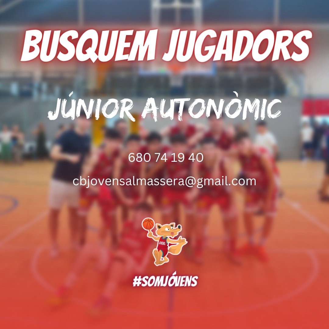 🦊🚀 VOLS JUGAR EN JÚNIOR AUTONÒMIC?

💪🏼 Vine a provar, t'esperem! 

📲 Contacta'ns al 680 74 19 40 o escriu a cbjovensalmassera@gmail.com 

#SomJóvens
#SomMésQueBasket