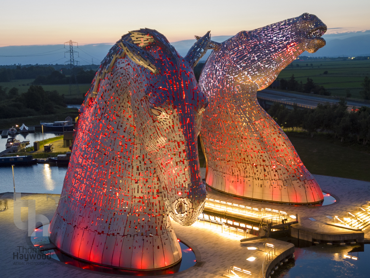 The Kelpies, Grangemouth on the Forth & Clyde Canal are the World's largest horse sculptures. Often photographed from the front during the day, but have you thought about from the air at dusk? It gives a new angle & helps to minimise those pesky powerlines! #kelpies #aerialphoto