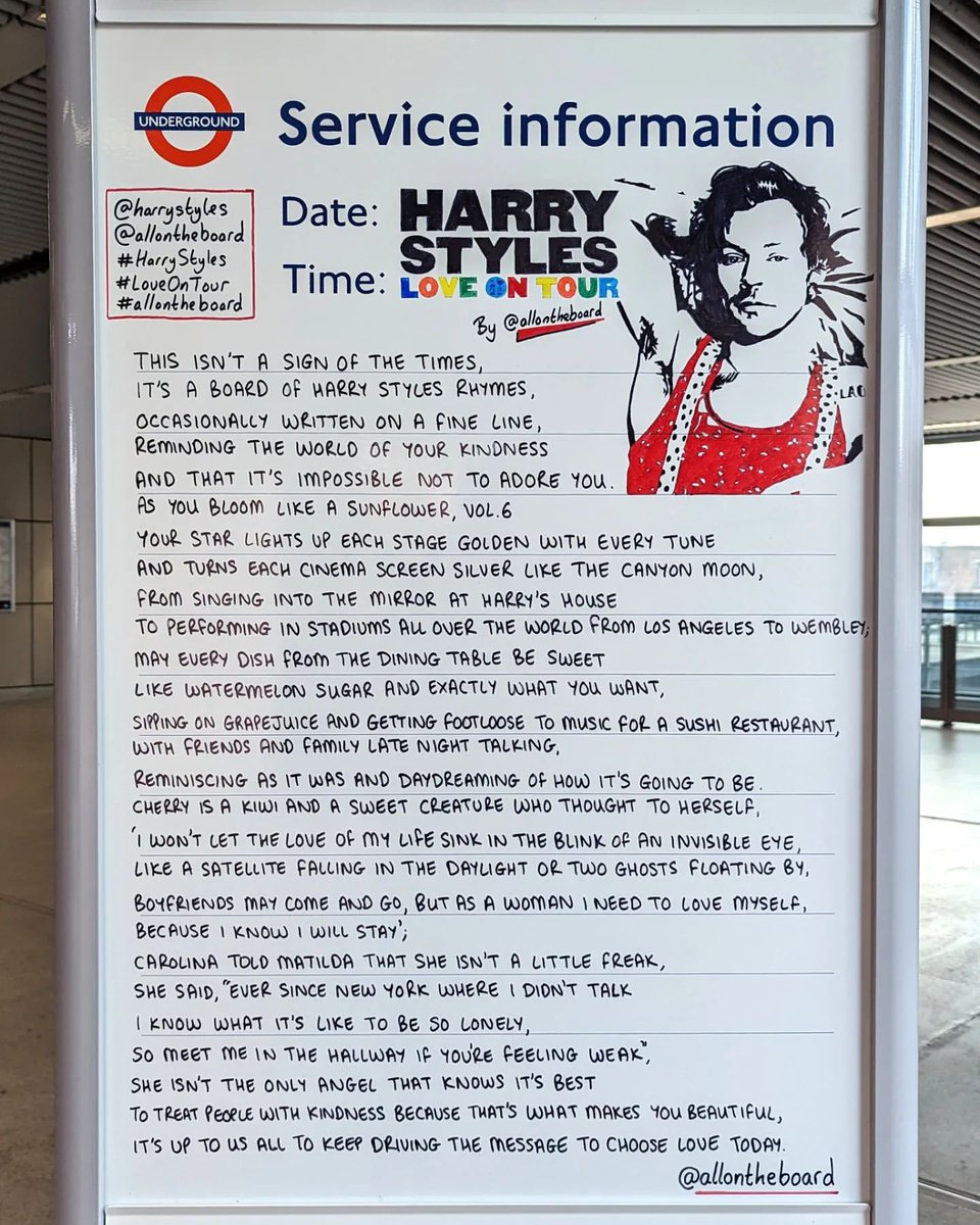 All On The Board wrote a Harry themed poem on the Wembley Park train station service information board to celebrate Harry’s upcoming shows at the stadium!

📸: allontheboard