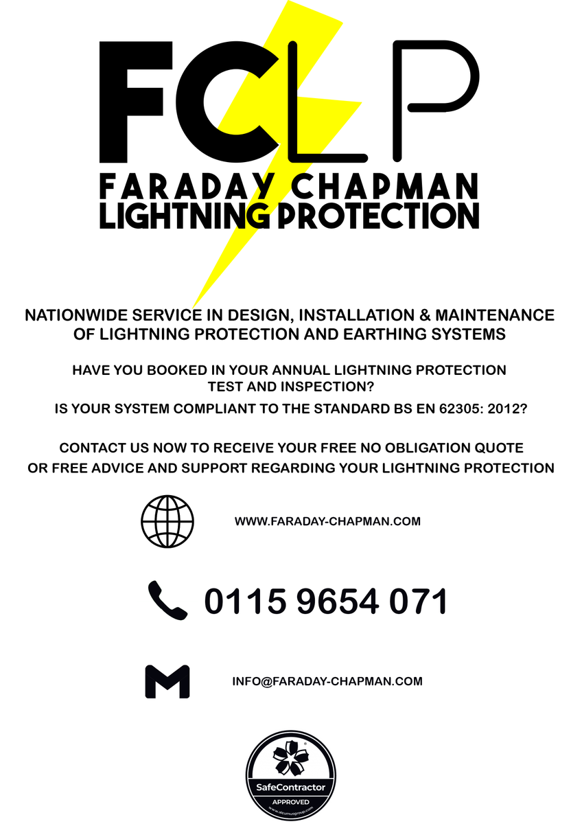 FCLP_LTD's tweet photo. With the most recent storms around the United Kingdom we recommend that you contact us regarding your Lightning Protection systems.

Faraday Chapman are a Family run Nationwide Business which specialise in the Design, Installation & Maintenance of Lightning Protection systems.

With 25+ years experience within the industry we can ensure you will receive quality service & advice.

You can contact us using the below details.

#LightningProtection #Lightning #UKWeather #UKStorms #UnitedKingdom #FaradayChapman #FCLP #FaradayChapmanLightningProtection #LightningProtectionUK #NationwideService #Nationwide #Storms #Lightningstrike #LightningProtectionTesting #LightningProtectionMaintenance #LightningProtectionInstallation #QualityService #SafeContractor #Maintenance #Installation #Testing #Business #Deisgn #Estimation #Specialist ⚡⚡⚡⚡⚡⚡⚡⚡⚡⚡⚡⚡⚡⚡⚡⚡⚡⚡⚡⚡