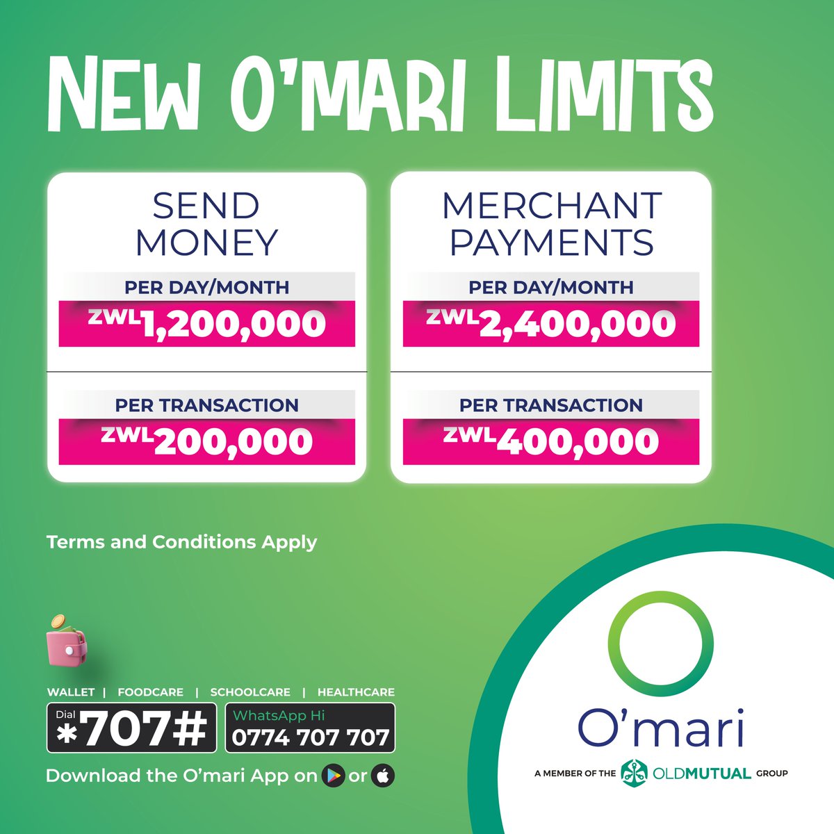 OmariZimbabwe's tweet photo. New O’mari limits! 
Now you can do more with your wallet.
Dial *707# to access your O’mari ZWL wallet today!
#convenience #jointhecircle https://t.co/vouYKVxTf0