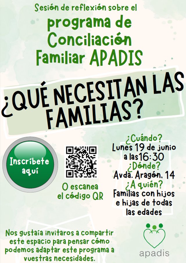 ⚠️¡Atención!⚠️
➡️Organizamos una sesión de reflexión para adaptar nuestros programas de conciliación familiar y respiro a las necesidades de las familias:

🗓️lunes 19 de junio, 16.30h
📍Avda Aragón 14

👉Inscripciones en
forms.office.com/e/LhkkNtArrb o en el QR.

¡No os lo perdáis!