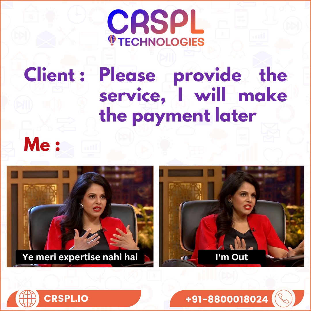 Sorry, I'm Out

CRSPL Technologies Private Limited
☎️ +91-8800018024 | +91-8800018025
📧 info@crspl.io | thecrspl@gmail.com
🌐 crspl.io

#crspl #thecrspl #crspltech #crspltechnologies  #sharktankindia #sharktank #businessowner #corporatememes #NamitaThapar