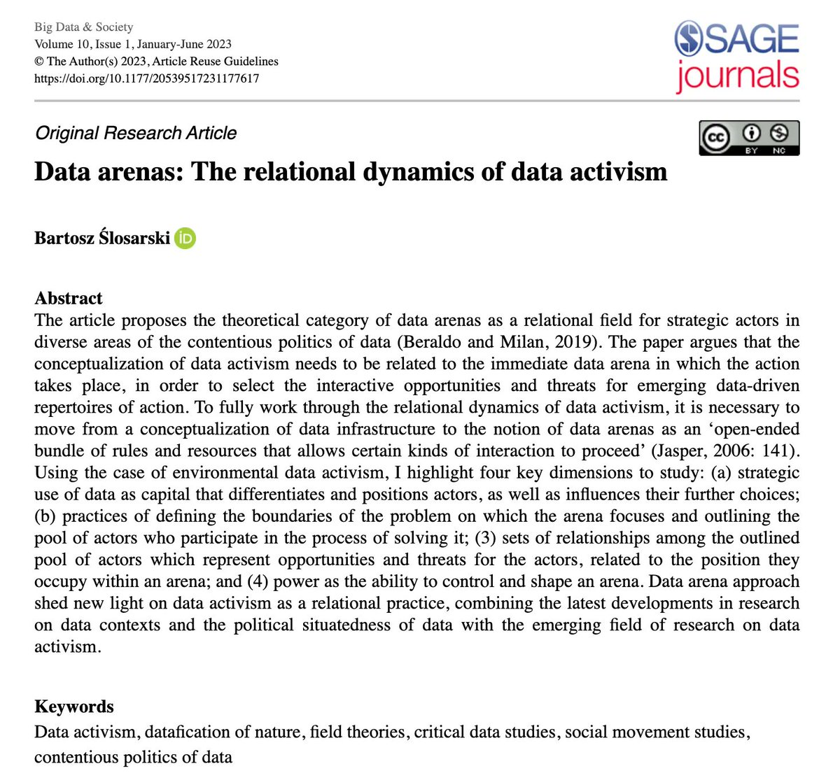 BigDataSoc's tweet photo. 🚨 ⚡ New article! In "Data arenas: The relational dynamics of data activism" @slosarski argues that "the conceptualisation of #datactivism needs to be related to the immediate data arena in which the action takes place".
Check it out! ➡️ https://t.co/mOLufxz46j https://t.co/xW56iFOxau