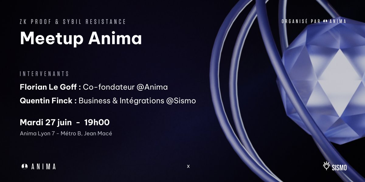 Do you have your ticket yet? Don't miss out on #MeetupAnima on June 27th!
Join experts <a href="/0xAnimaniac/">Florian Le Goff</a> from <a href="/anima_protocol/">Anima Protocol</a> &amp; <a href="/ZKentin_/">ZKentin 🔜 EthCC</a> from <a href="/Sismo_eth/">Sismo</a> discussing #ZKProofs and #SybilResistance in #Web3. 
Register now for an insightful evening! 👉 eventbrite.com/e/meetup-anima…