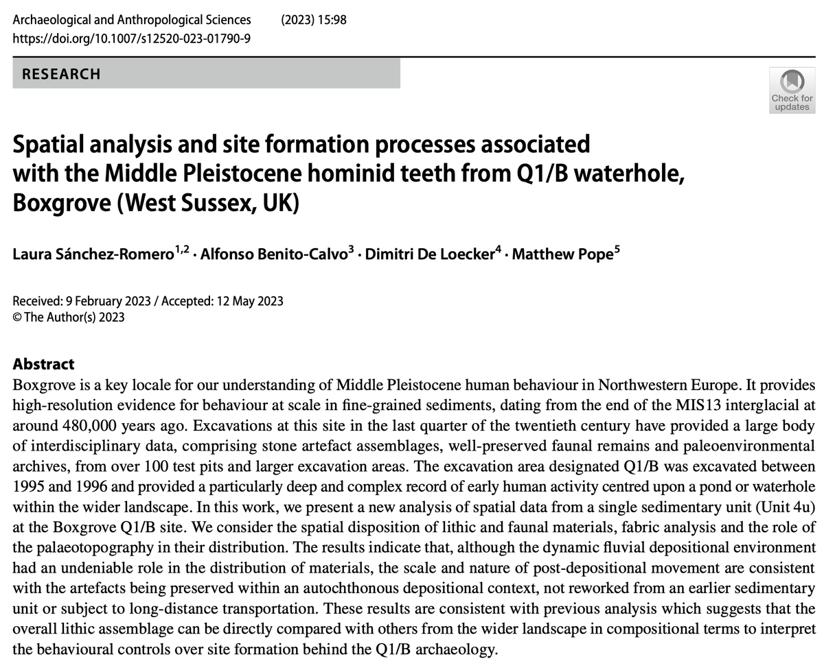 lau_sanrom's tweet image. 🔴NEW PUBLICATION. After years of study and analysis, we can finally present the spatial analysis and site formation processes associated with the Middle Pleistocene hominid teeth from Q1/B waterhole, Boxgrove (West Sussex, UK). 
Thread (0/9)👇