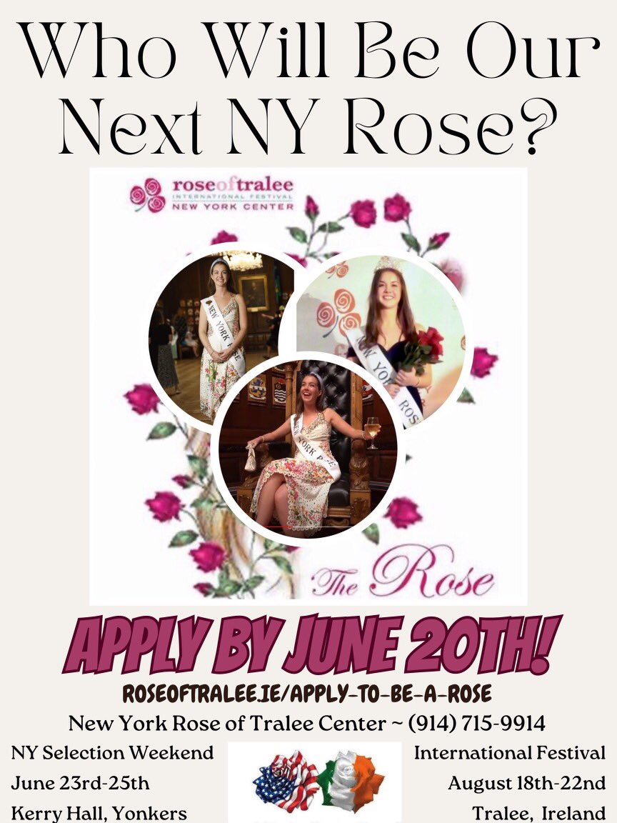 🌹THERE'S STILL TIME TO APPLY!!! 🌹 We are seeking young women of Irish Heritage, ages 18-29 (can be married) to participate in the New York Rose Selection the weekend of June 23rd - 25th. 🌹 Apply online here: roseoftralee.ie/apply-to-be-a-…