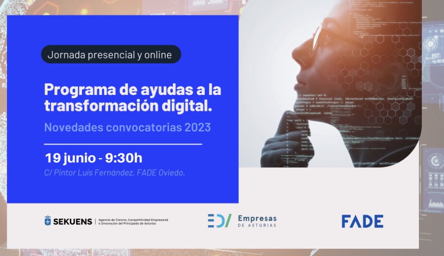 meribenavides's tweet photo. 📣 Lunes 19 junio: jornada @FADE_COMUNICA sobre el programa de ayudas a la #TransformaciónDigital de @agenciasekuens (#IDEPA).
💡Conoce #ayudas en #Asturias para implantación soluciones en proceso, producto, negocio en ámbito #Industria40
👉🏻 Info: https://t.co/XmPUheMmvE https://t.co/86ESHBiW0G