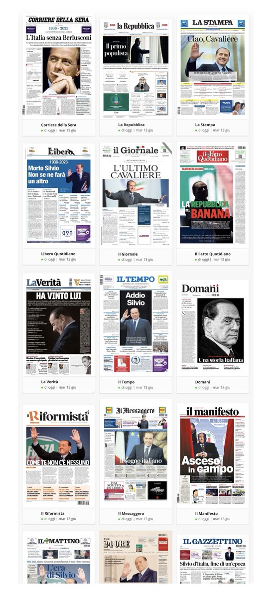 Dopo la celebrazione televisiva di ieri guardatevi le prime pagine dei giornali di oggi. E poi, per favore, piantatela di lamentarvi dell'egemonia culturale della sinistra
#SilvioBerlusconi #luttonazionale