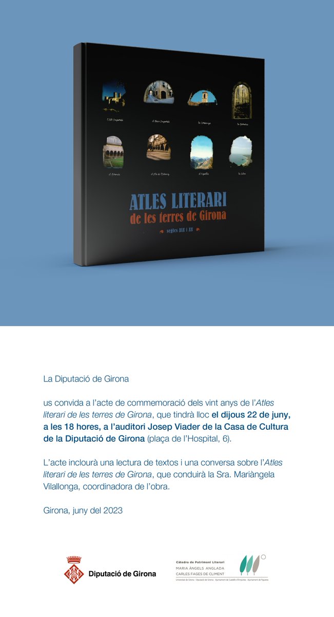 CMAAPL's tweet photo. La setmana vinent se celebrarà l'acte de commemoració dels vint anys de la publicació de l'«Atles literari de les terres de Girona». Us hi esperem!
🗓 Dijous 22 de juny
⏰ 18.00h
📍 @casadeculturagi https://t.co/A69A7kxTNB