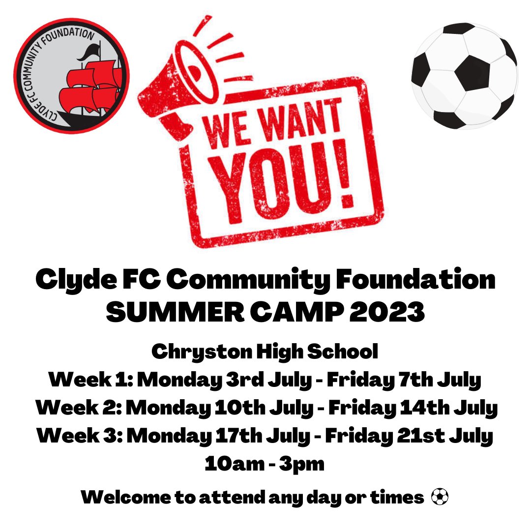 Clyde FC Foundation (@clydefoundation) on Twitter photo SPORTS LEADERS π¨
We are looking for any sports leaders interested in gaining some experience within the coaching world to join us at our Summer Camp β¬οΈ
if interested email kirsty.mcfarlane@clydefc.co.uk
<a href="/OLHSCumbernauld/">OLHS Cumbernauld</a> <a href="/CumbernauldAcad/">Cumbernauld Academy</a> <a href="/St_Maurice_High/">St Maurice's High</a> <a href="/Greenfaulds_HS/">Greenfaulds HS</a> SPORTS LEADERS π¨
We are looking for any sports leaders interested in gaining some experience within the coaching world to join us at our Summer Camp β¬οΈ
if interested email kirsty.mcfarlane@clydefc.co.uk
<a href="/OLHSCumbernauld/">OLHS Cumbernauld</a> <a href="/CumbernauldAcad/">Cumbernauld Academy</a> <a href="/St_Maurice_High/">St Maurice's High</a> <a href="/Greenfaulds_HS/">Greenfaulds HS</a>