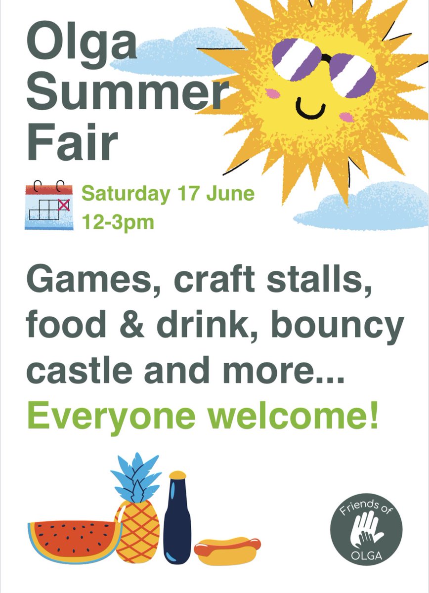 THIS SATURDAY! It’s going to be a beautiful sunny day on Saturday for the Olga School summer fair from 12-3pm! There will be a host of stalls selling all kinds of craft goodies, PLUS bouncy castle, face painting, games, PLUS icecreams, cakes, hot food and a bar! Everyone welcome!