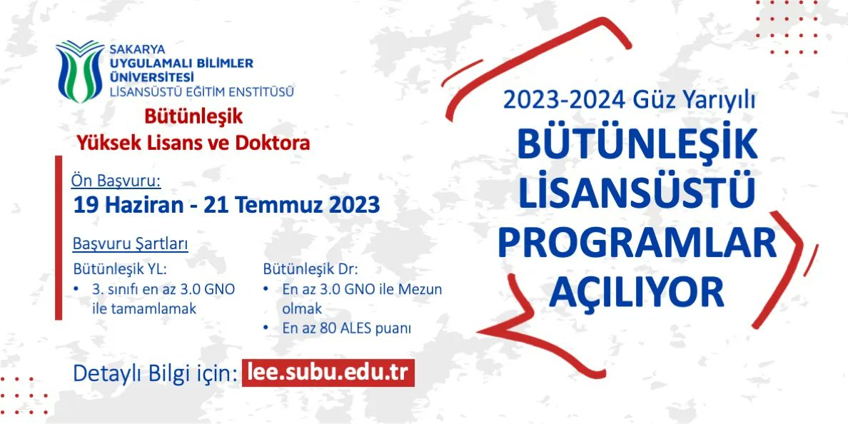SubuOfficiall's tweet photo. 📣 Lisansüstü programlarımız için başvurular yakında başlıyor.

2023-2024 Akademik Yılı ile birlikte bir devrim yaparak bütünleşik yüksek lisans ve doktora programlarını da başlatıyoruz 😉

Detaylar 👇
🔗 https://t.co/tPv0j7VRSX https://t.co/NFU5ttpEhP