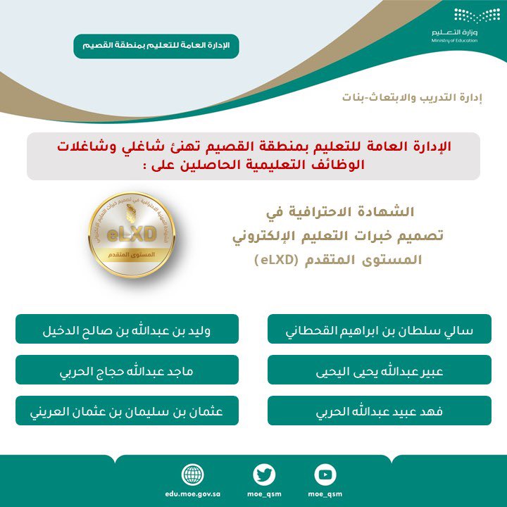 moe_qsm's tweet photo. إنجاز  |

الحاصلون على الشهادة الاحترافية في تصميم  خبرات التعليم الإلكتروني- المستوى المتقدم (eLXD ).
#تعليم_القصيم https://t.co/RtmK0y3GvH