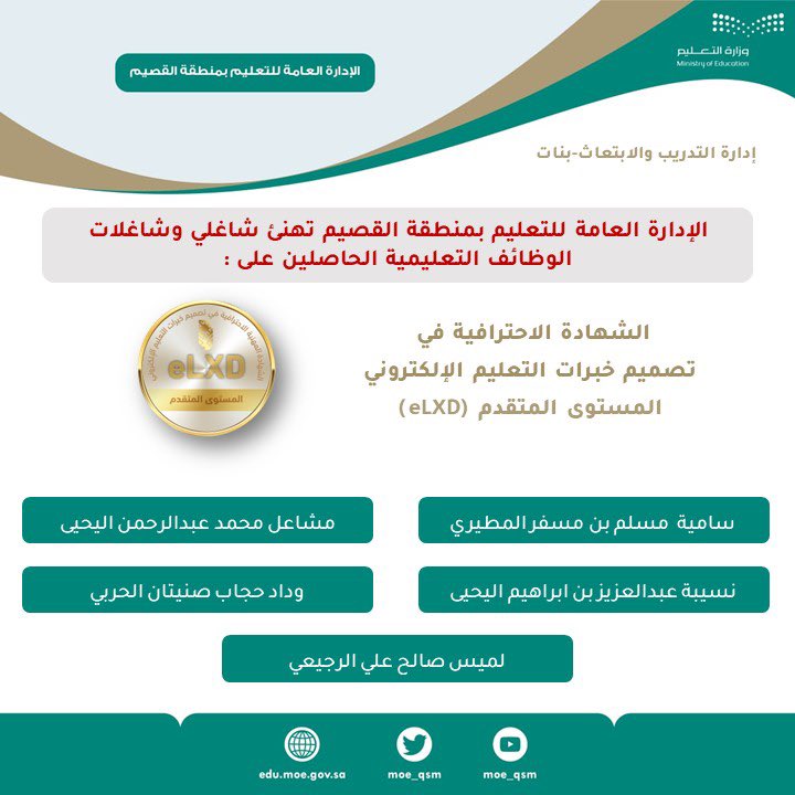 moe_qsm's tweet photo. إنجاز  |

الحاصلون على الشهادة الاحترافية في تصميم  خبرات التعليم الإلكتروني- المستوى المتقدم (eLXD ).
#تعليم_القصيم https://t.co/RtmK0y3GvH