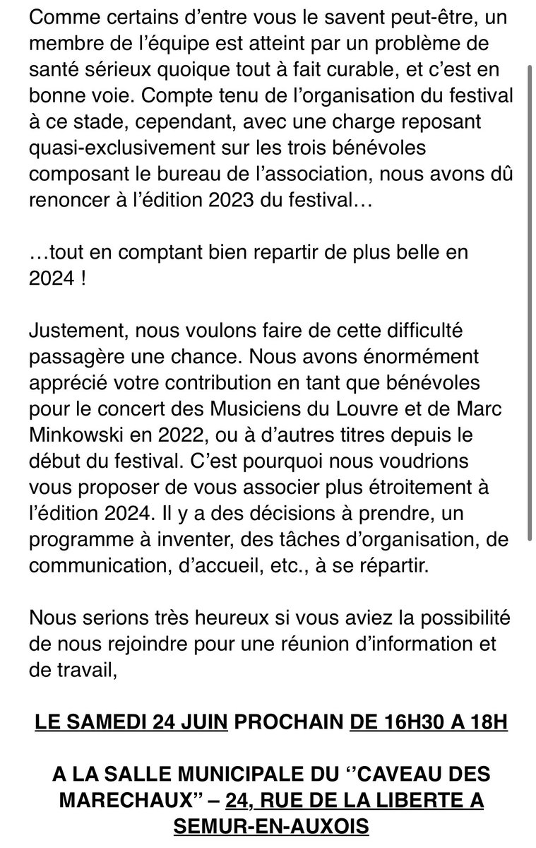 FestivalSemur's tweet photo. 🚨 🔈 RÉUNION D’INFORMATION SUR LE FESTIVAL OUVERTURE 🎺 🎼🎹🥁🎻🪈
 
LE SAMEDI 24 JUIN PROCHAIN DE 16H30 A 18H
 
A LA SALLE MUNICIPALE DU ‘’CAVEAU DES MARECHAUX’’ – 24, RUE DE LA LIBERTE A SEMUR-EN-AUXOIS ‼️ 

🔔 LIRE CI-DESSOUS 👇👇👇 https://t.co/Q5yhH7ek9W