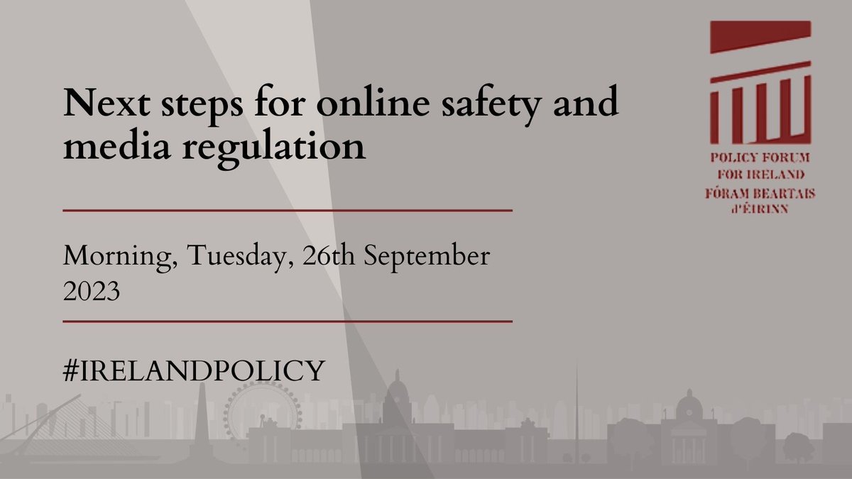 IrelandPolicy (@irelandpolicy) on Twitter photo Join <a href="/irelandpolicy/">IrelandPolicy</a> on the 26th September to discuss Next steps for online safety and media regulation!
Speakers include <a href="/ronanlupton/">RL</a> <a href="/ISPCCChildline/">ISPCC</a> <a href="/CNaM_ie/">Coimisiรบn na Meรกn</a> & @arthurcoxlaw!
More information: westminsterforumprojects.co.uk/conference/PFfโฆ Join <a href="/irelandpolicy/">IrelandPolicy</a> on the 26th September to discuss Next steps for online safety and media regulation!
Speakers include <a href="/ronanlupton/">RL</a> <a href="/ISPCCChildline/">ISPCC</a> <a href="/CNaM_ie/">Coimisiรบn na Meรกn</a> & @arthurcoxlaw!
More information: westminsterforumprojects.co.uk/conference/PFfโฆ