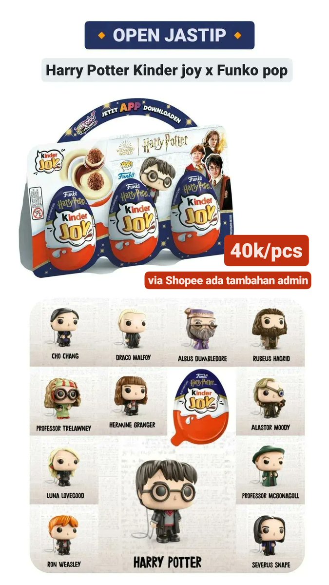 preluvluv's tweet photo. 🔸OPEN JASTIP 🔸
Kinder Joy x Funko Pop Harry Potter 

💵 41k / pcs (inkl. fee jastip + fee Shopee) 
✈️ ready 23 Agustus
❗hanya membawa 50 pcs, siapa cepat dia dapat ❗

#HarryPotter #FunkoPop #Collectibles #kinderjoy #harrypotterfunko #kinderjoyharrypotter https://t.co/LZ7udqrzyM