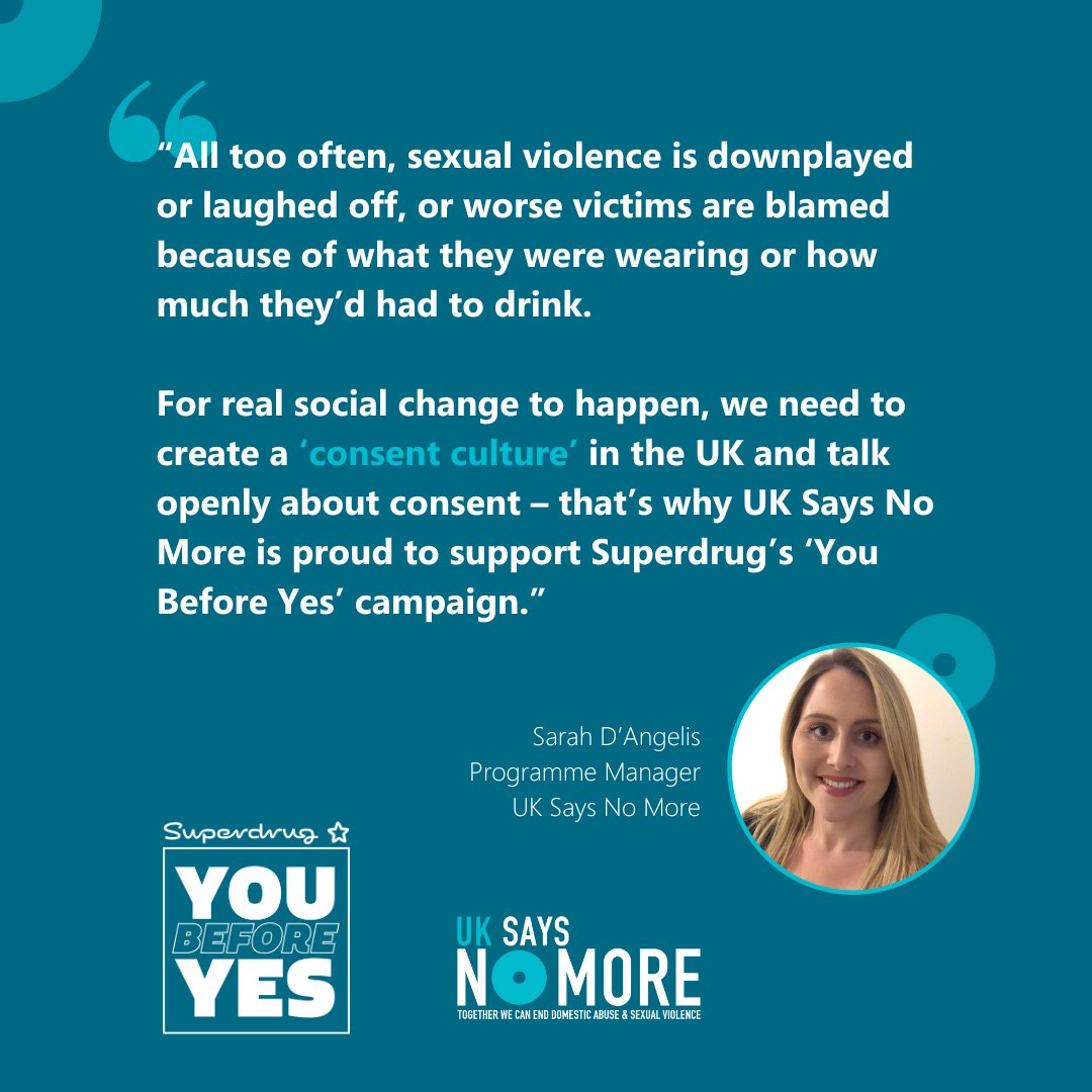 UK SAYS NO MORE (@uksaysnomore) on Twitter photo Let's talk about consent.
Our <a href="/UKSAYSNOMORE/">UK SAYS NO MORE</a> programme manager, <a href="/Sarah_Dangelis/">Sarah D’Angelis</a> weighs in on consent and the need for creating a 'consent culture' in support of <a href="/superdrug/">Superdrug</a>'s #YouBeforeYes campaign.
ℹ️ More info: bit.ly/42D22cy
📖 Consent blog: bit.ly/3WZhjmZ Let's talk about consent.
Our <a href="/UKSAYSNOMORE/">UK SAYS NO MORE</a> programme manager, <a href="/Sarah_Dangelis/">Sarah D’Angelis</a> weighs in on consent and the need for creating a 'consent culture' in support of <a href="/superdrug/">Superdrug</a>'s #YouBeforeYes campaign.
ℹ️ More info: bit.ly/42D22cy
📖 Consent blog: bit.ly/3WZhjmZ