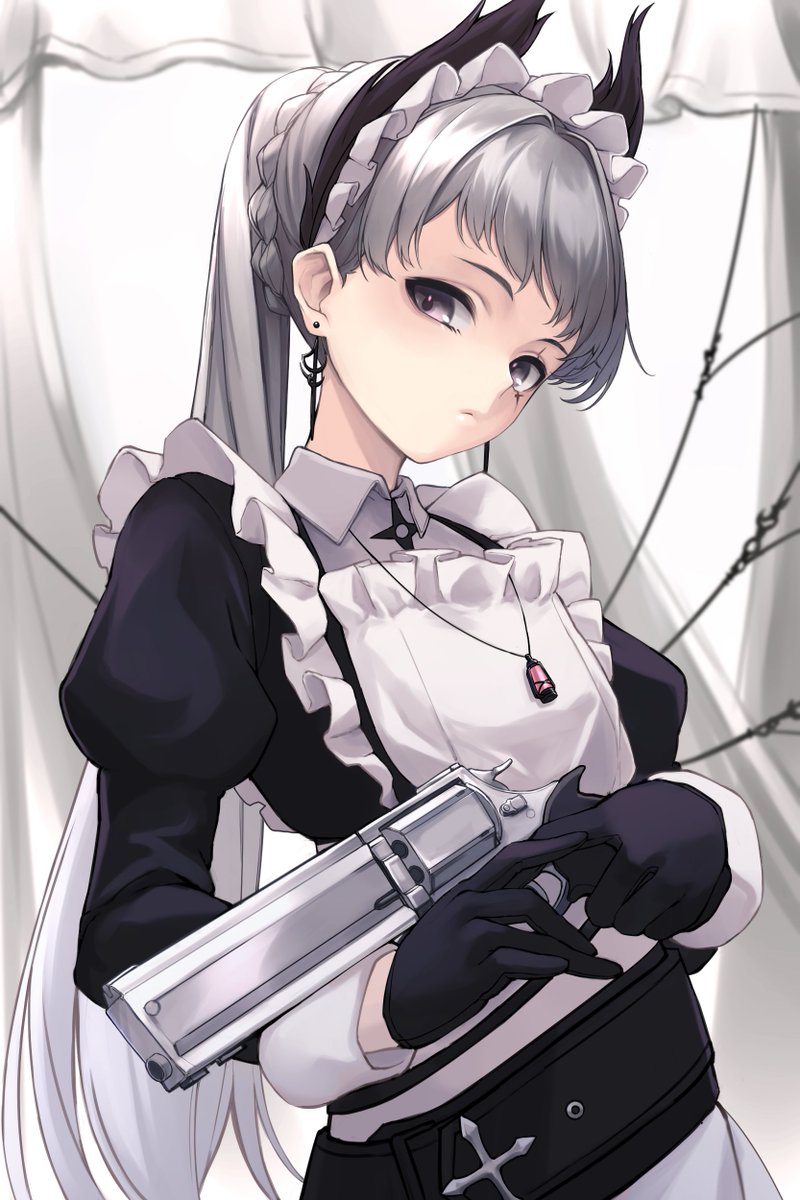 irene (arknights) 1girl weapon solo gun jewelry holding gloves  illustration images