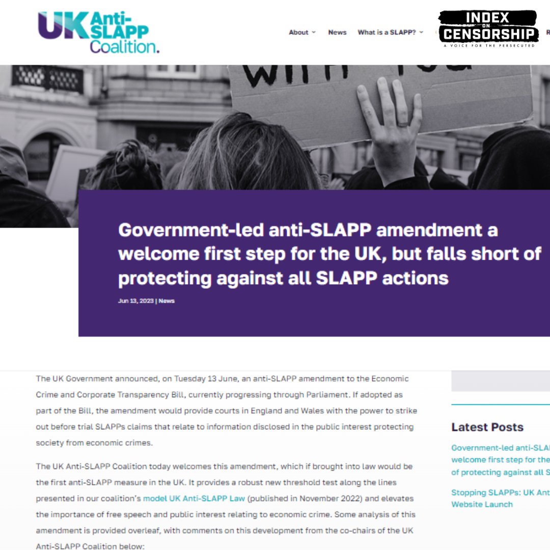 IndexCensorship's tweet photo. Today the UK Gov announced an #AntiSLAPP amendment to the Economic Crime &amp; Corporate Transparency Bill.

While this protects reporting on economic crimes, it is only a first step. A standalone bill is still needed to protect all who speak out. https://t.co/sg3M4vll8m #StopSLAPPs https://t.co/7SodEF14bC