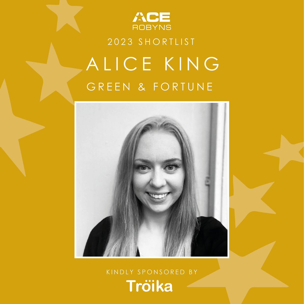 And our 3rd shortlisted ACE Robyn is Alice King Marketing Manager at Green & Fortune. See you on 11th July at Bluefin. Thanks to @Troikachat for sponsoring and our hosts @graysonsuk Tickets still available and selling fast #acerobyns23 #acenetworking #summersocial