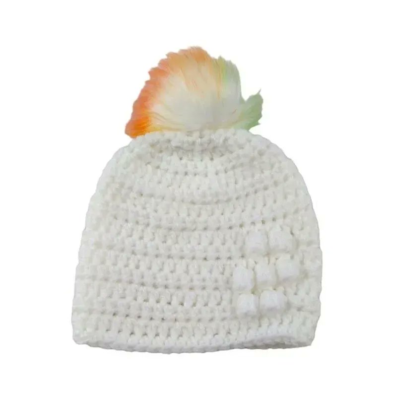 White baby crocheted hat with flower detail and detachable white faux fur pompom with yellow orange and green tips buff.ly/3IQXSXQ #knittingtopia #etsy #handmade #tweetuk #etsyRT #pompomhats #babyhat #babyclothes #uksmallbiz #MHHSBD #craftbizparty