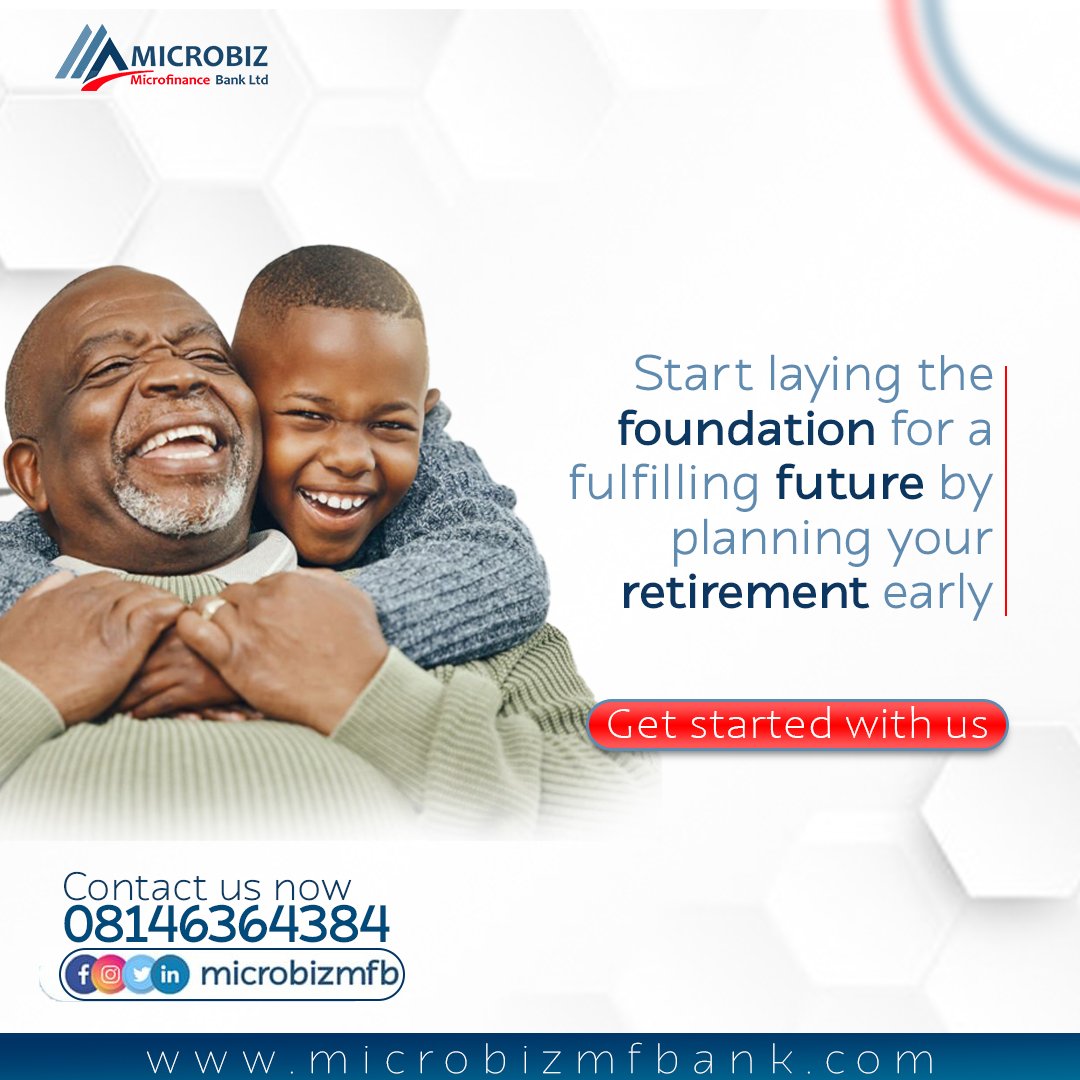 Start laying the foundation for a fulfilling future by planning your retirement early.
We've got the perfect plan for you to achieve this.
#RetirementPlanning #FinancialFreedom #SecureYourFuture #GoldenYears #MicrofinanceBank #FinancialConfidence #RetirementGoals #PlanForSuccess