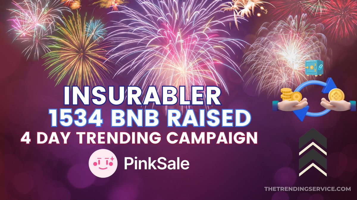 Successful Pinksale Launch for @insurabler which ended yesterday.

1534 BNB Raised from 875 Investors

Listing on Pancakeswap today at 12.30 UTC

dextools.io/app/en/bnb/pai…

#BSCGemsAlert #Pancakeswap #Insurabler $INSR #100xGems #BNB #PinksaleTrending