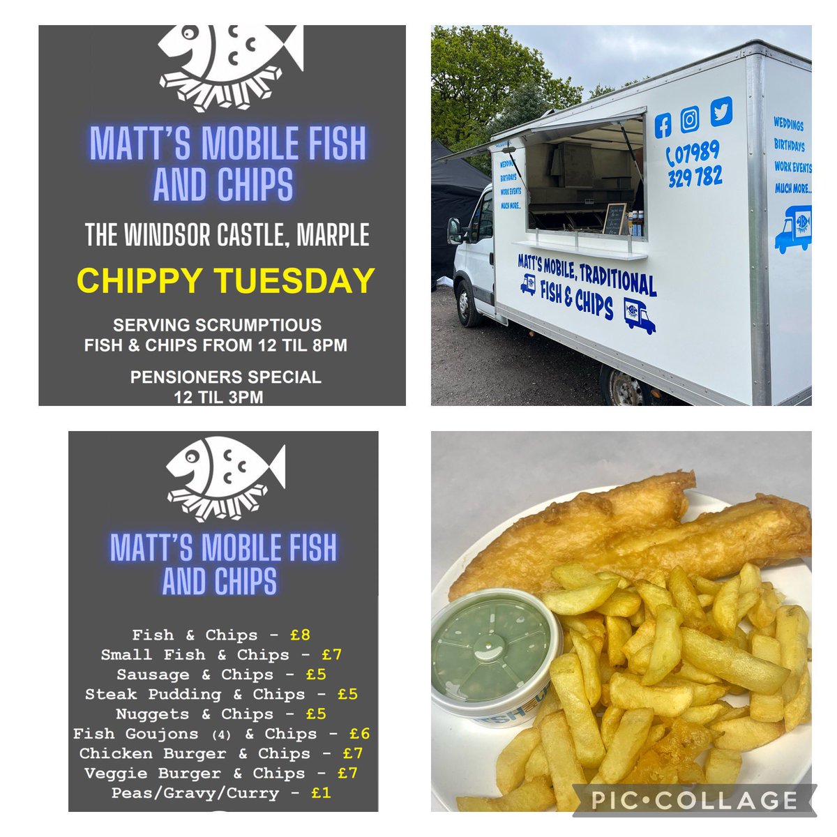 matts_mobile22's tweet photo. Wahey It’s Tuesday, it’s another lovely sunny day ☀️☀️Why not join us at @WindsorCastleMB for #chippytuesday We’ll be in our usual plaice from 12 til 8pm today ‘pensioner special’ from 12 til 3pm.
#fishandchips #eatin #takeaway #chippytea #chippytuesday https://t.co/Mw8bRJqItc