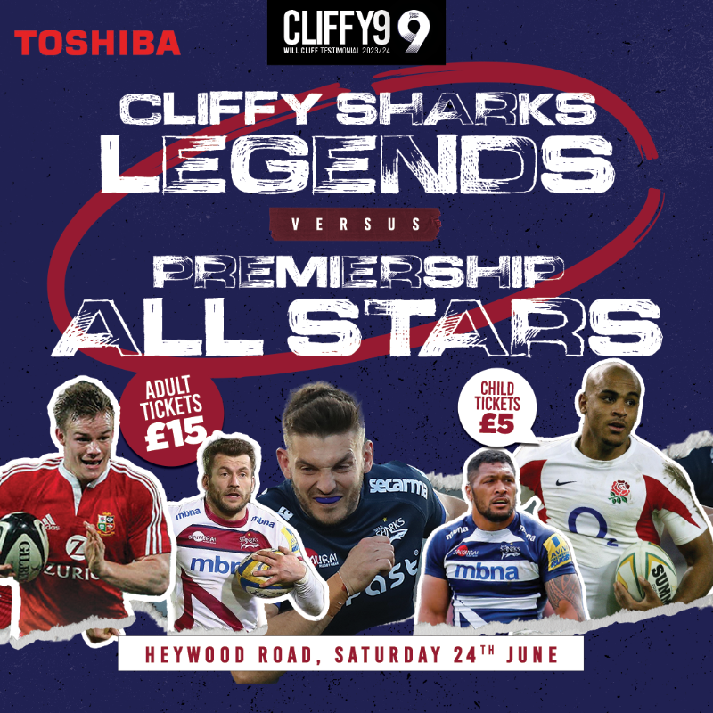 SaleSharksRugby's tweet photo. 𝗖𝗟𝗜𝗙𝗙𝗬'𝗦 𝗟𝗘𝗚𝗘𝗡𝗗𝗦 𝗚𝗔𝗠𝗘 🏉

Get your summer rugby fix at Heywood Road on Saturday 24th June as Cliffy's Sharks Legends take on an all time @PremRugby XV! 

Don't miss your chance to rub shoulders with Sharks old and new!

Tickets must be purchased in advance!👇