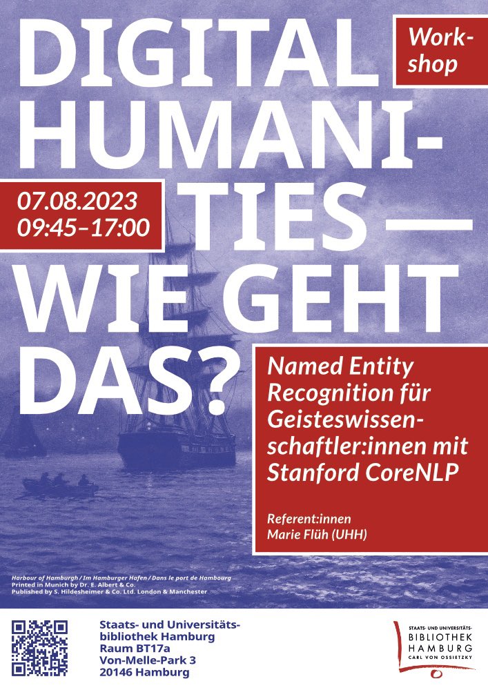 Named Entity Recognition für Geisteswissenschaftler:innen mit Stanford CoreNLP. Ein Workshop von <a href="/MFlueh/">M_Flueh</a> (<a href="/unihh/">Universität Hamburg</a>) am Mo., 7.8.2023, 09:45 – 17 Uhr in der Stabi Hamburg. In der Reihe „Digital Humanities – Wie geht das?“: blog.sub.uni-hamburg.de/?p=36103 /mt