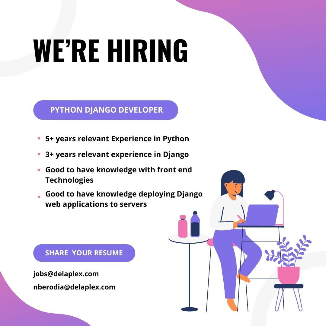 DelaplexTeams's tweet photo. We are excited to announce that delaPlex is hiring. We are looking for Python Django developer. Interested candidates can share their updated CV with us at jobs@delaplex.com or nberodia@delaplex.com
#jobopportunity #developers #python #django #nagpur #pune #hyderabad #bengaluru https://t.co/unEPqSI0o5