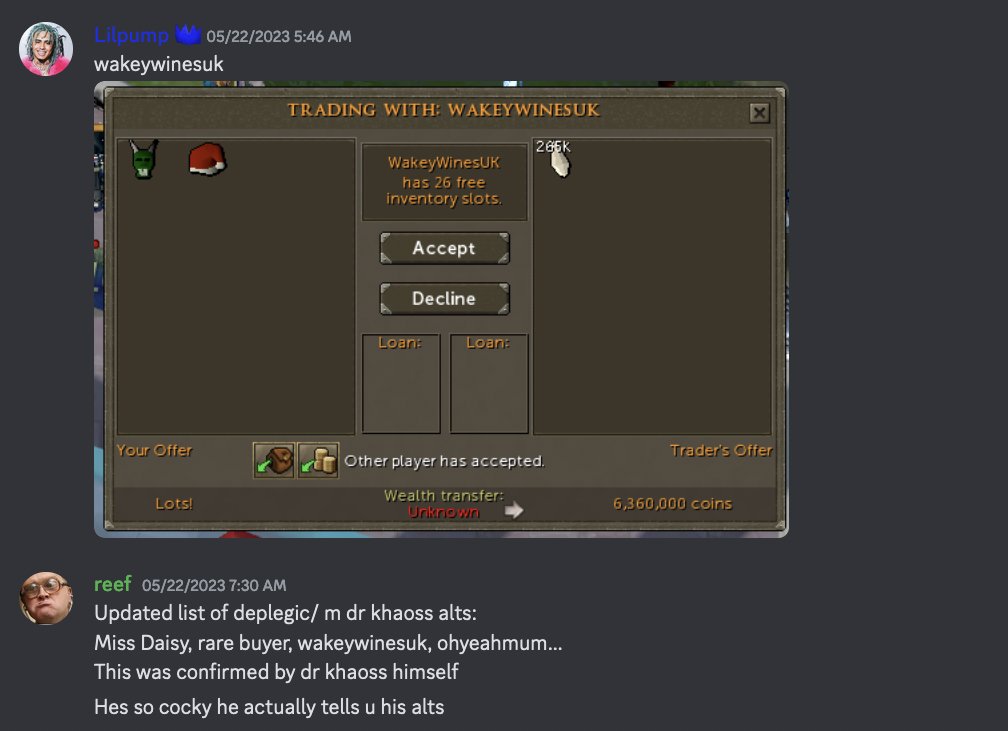 Hey <a href="/JagexSupport/">Jagex Support</a>, the same player "playacting", has been shard scamming victims on MANY MANY accounts. IT'S NOT MANY DIFFERENT PEOPLE SCAMMING, ITS ONE SINGULAR PERSON. 

The main account is: "playacting", and they go by many alts including "M Dr Khaoss", "rare buyer",  "Miss