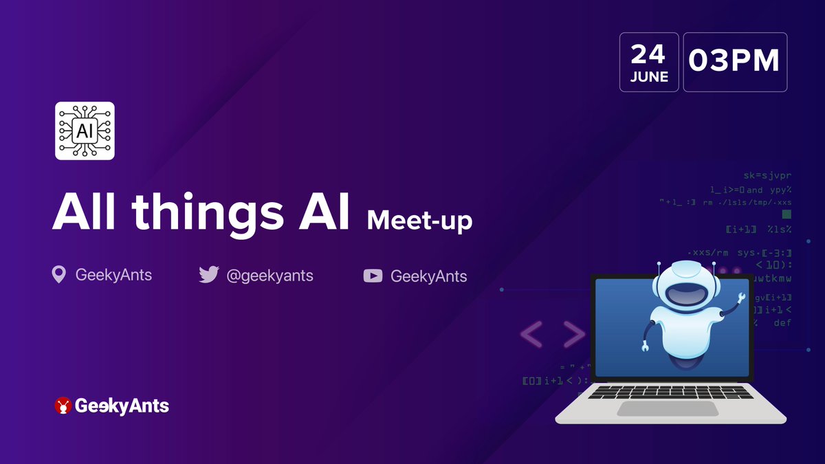 geekyants's tweet photo. 🚀 Excited to announce our upcoming AI Meetup.

Get ready to witness the future unfold.💡✨   

🗓 Date: Saturday, 24th June 2023, 3 PM IST
📍 Venue: GeekyAnts HQ, Bangalore

Register: https://t.co/CwWxpOneEa

#AI #MeetupMadness #TechEnthusiasts #AIMeetup #Innovation #FutureTech https://t.co/uJxTeGWfSX