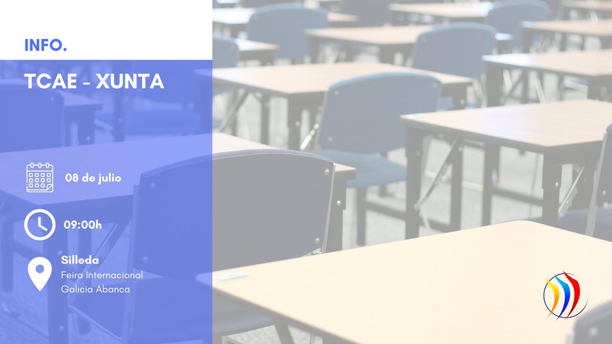 premireducacion's tweet photo. Seguimos informando de fechas y horas de examen...

Hoy es el turno de TCAE - Xunta, que tendrá lugar el 8 de julio a las 9:00h en la Feira Internacional Galicia Abanca de Silleda  ¿Quieres más información? https://t.co/MdRx0OUMHz https://t.co/1ObBk78akw