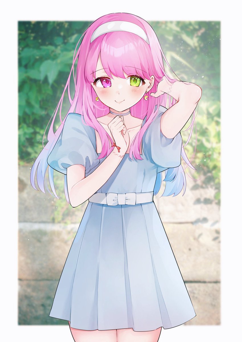 1girl solo heterochromia pink hair dress long hair green eyes  illustration images