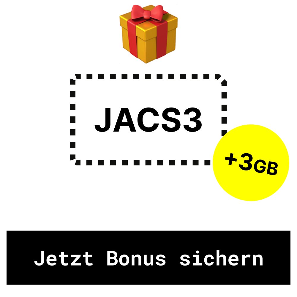 Code: JACS3

Der Code JACS3 für +3 GB mehr pro Monat bei fraenk

Benutze den Code "JACS3" bei der Anmeldung und erhalte als Neukunde dauerhaft 10GB im Monat anstatt 7GB.

Nur 10 Euro pro Monat inklusive Allnet-Flat für Telefonie + SMS!

#fraenkforfriends