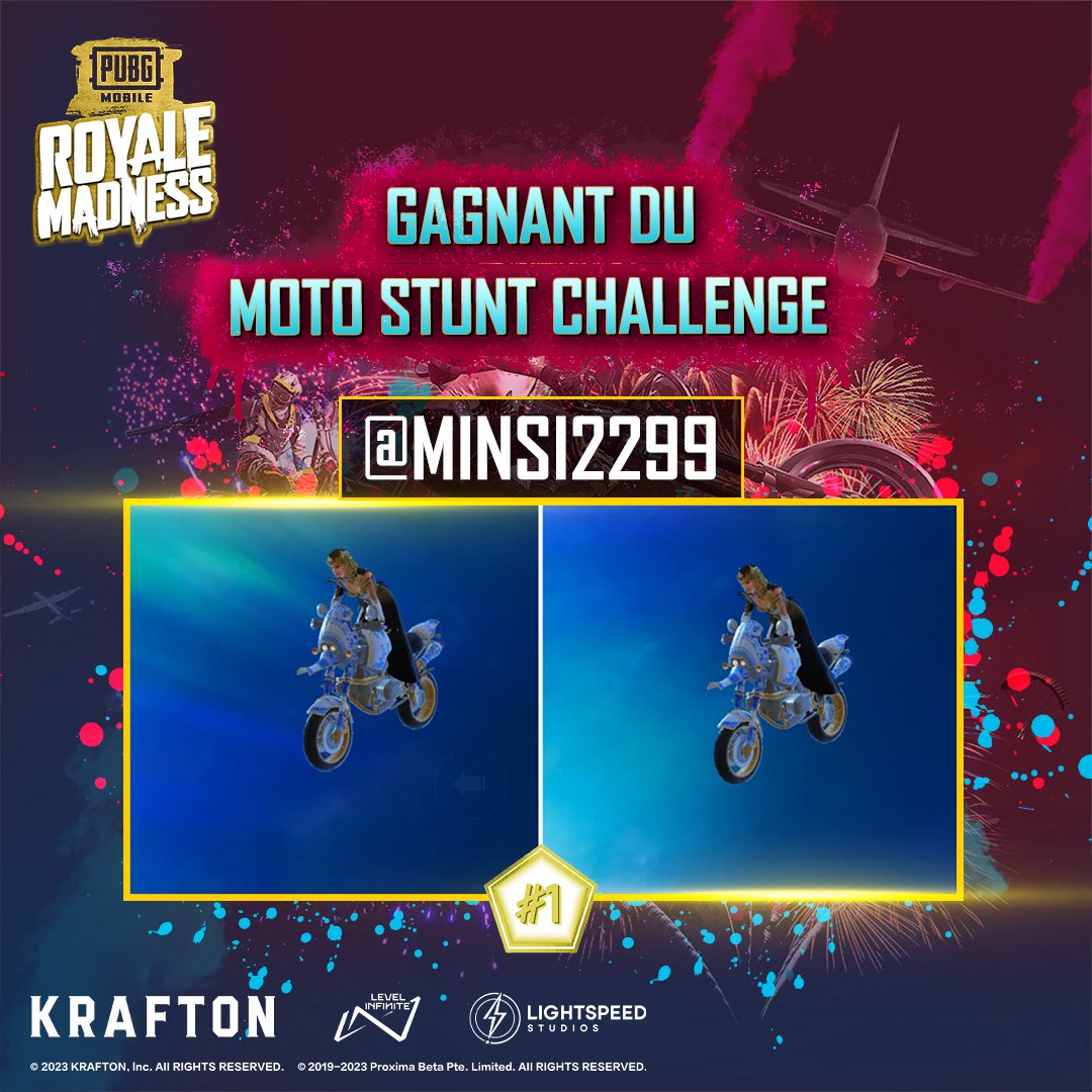 pubgm_france's tweet photo. @minsi2299 Félicitations au gagnant du #MotoStunt, @minsi2299 ! 🏆
Vous êtes désormais officiellement le meilleur pilote du jeu 🏍️
N'hésitez pas à nous contacter pour profiter de vos 3 850 UC ✨
#PUBGMOBILE #ROYALEMADNESS https://t.co/ITgCr2LAOc